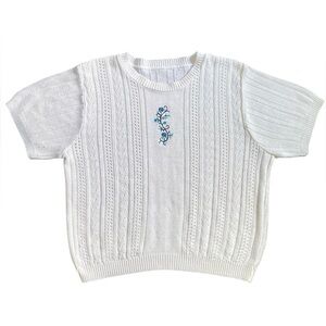 Vintage Bobbie Brooks Short Sleeve Pointelle Knit Granny Sweater Ivory